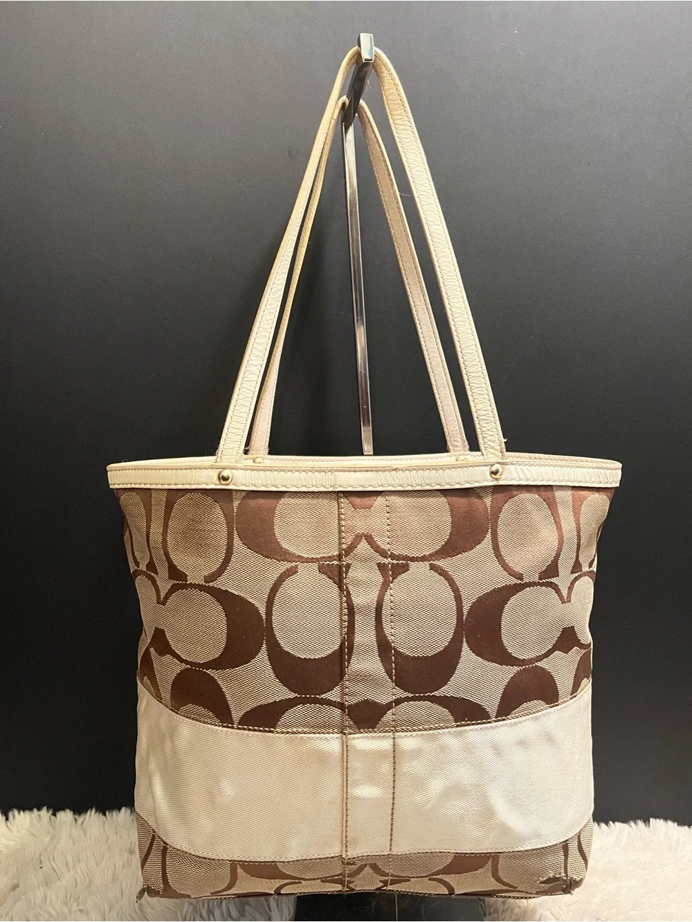 Vintage Coach y2k Two-Tone Signature Stripe Canvas Tote in Brown and Cream